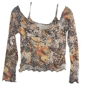 Mesh Floral Animal Print Long Sleeve Cold Shoulder Top Size Large